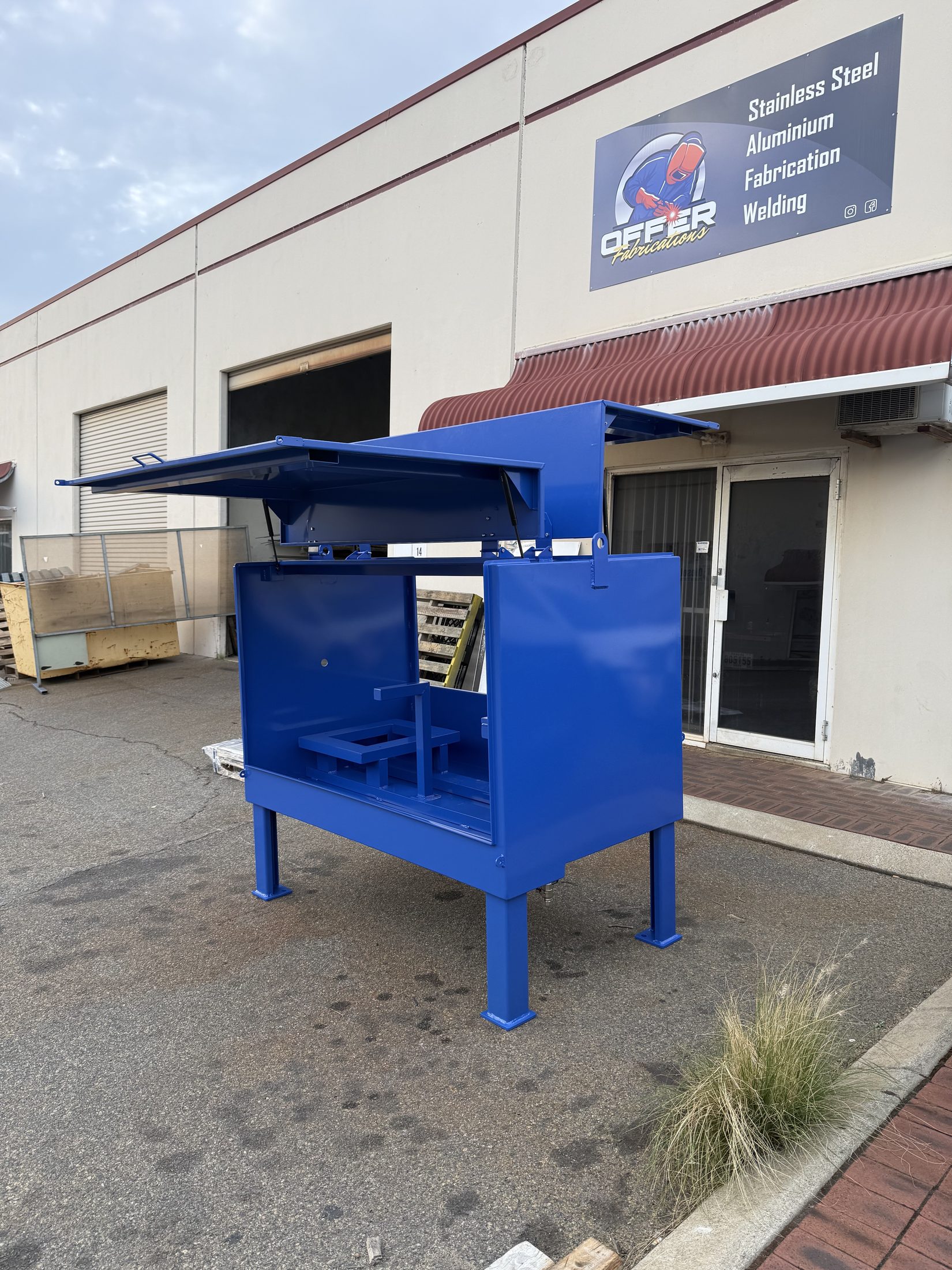 Custom steel forklift tipping bins fabricated by Offer Fabrications Perth